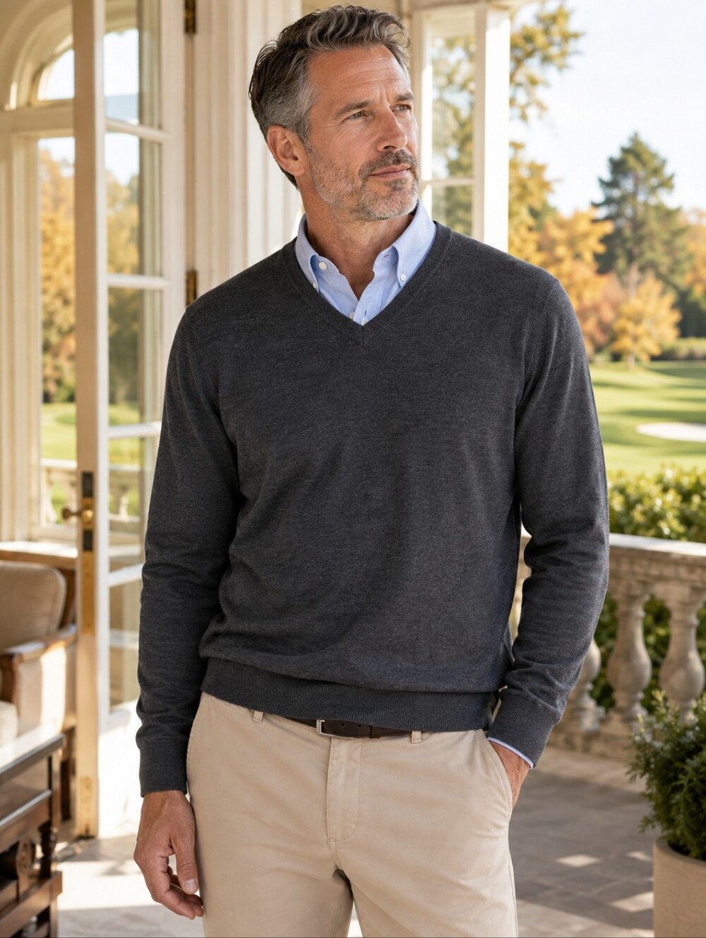 Garret Scott Extra Fine Merino Wool V-Neck Sweater Grey XL